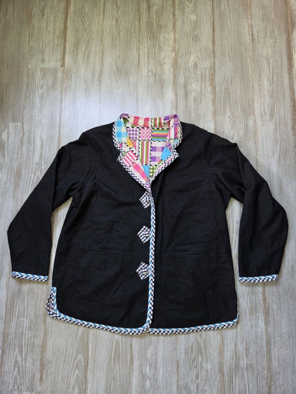 VTG Koos of Course Reversible Patchwork Jacket Black Linen Blend Artsy Plus 1X - Picture 10 of 12